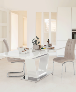 Masă extensibilă dining, alb luciu extra ridicat/oțel, PERAK