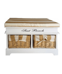 Bancă cu  pernă, 2 coşuri de răchită, alb/miere/imprimeu, SEAT BENCH 4