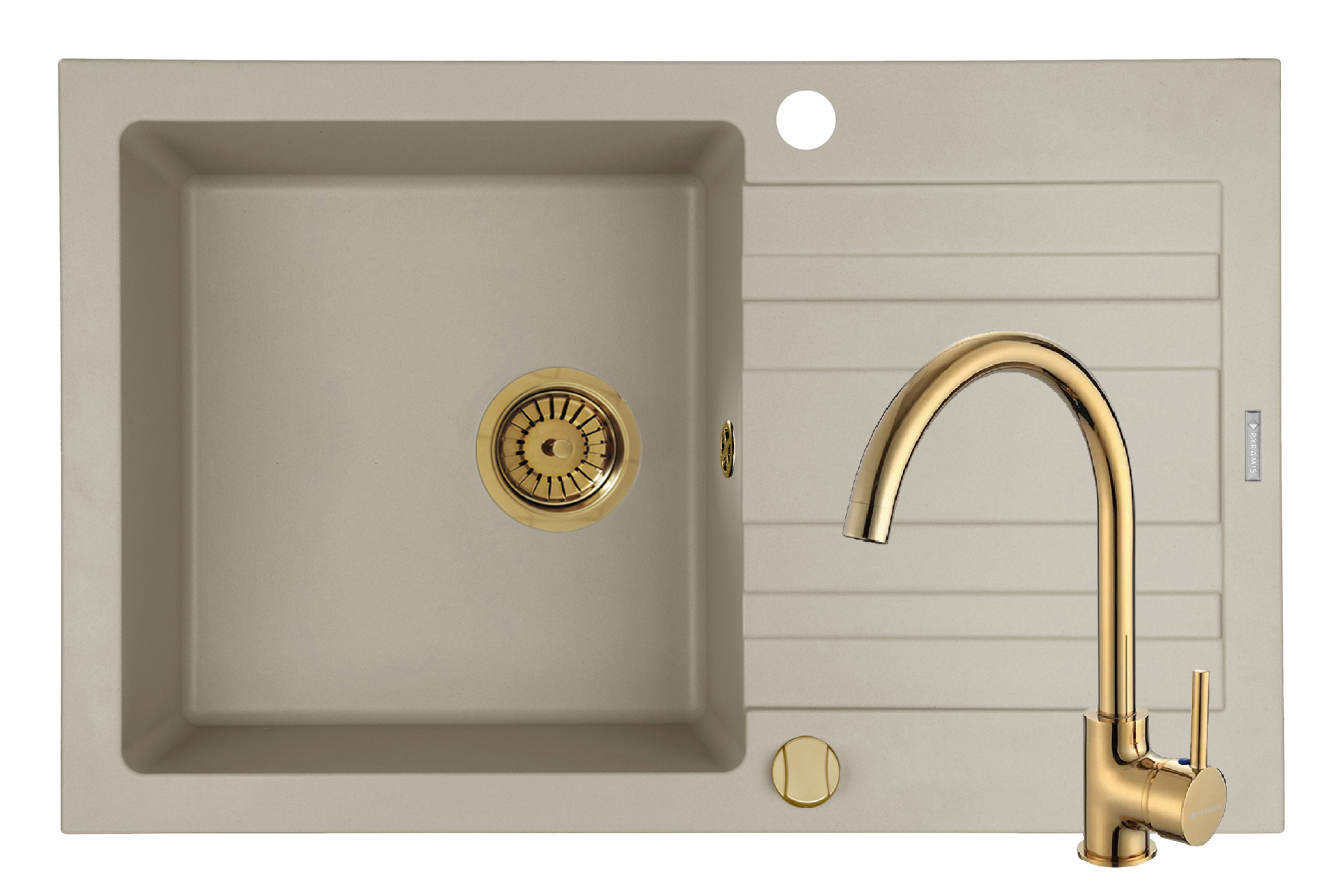 Set chiuveta granit NAXOS 79x50 1B 1D Beige si baterie ECO BELLO Gold