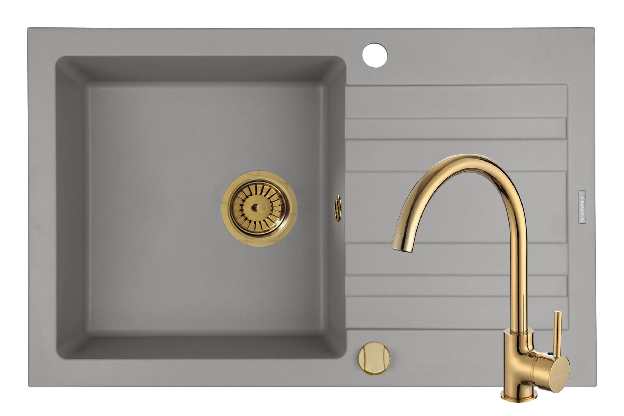 Set chiuveta granit NAXOS 79x50 1B 1D Grey si baterie ECO BELLO Gold