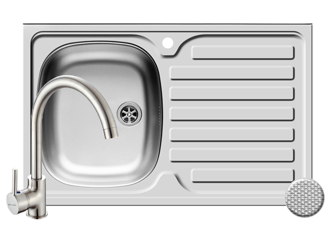 Set chiuveta inox INTL 1B1D ST LN si baterie BELLO crom