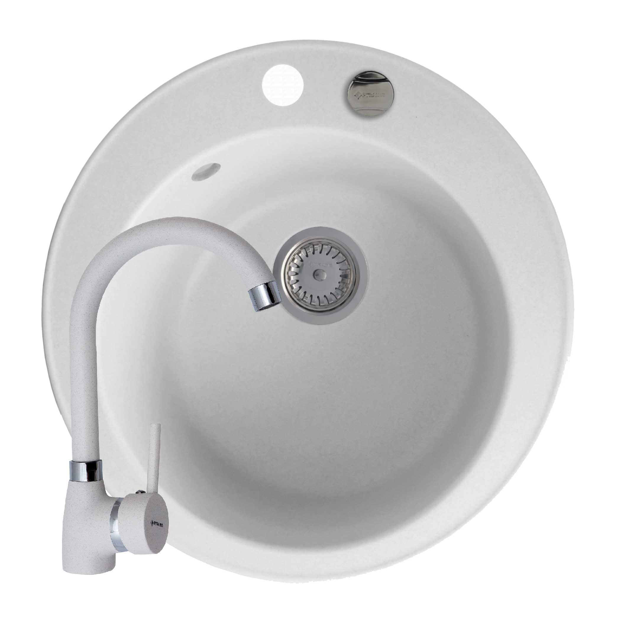 Set chiuveta granit ROUND 1B Ø49 & baterie BELLO White